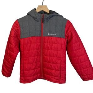 Columbia Kids Powder Lite Hooded Winter Jacket Grey Red Puffer Sz S / 8 Kids